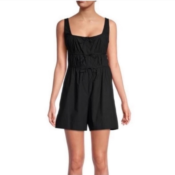 Rebecca Taylor Poplin Cotton Silk Blend Lace Tie Front Ruched Romper Black 2 - Picture 4 of 10